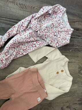 Newborn Floral Zip Romper + Cream Ribbed Top & Dusty Rose Ribbed Pants Set
